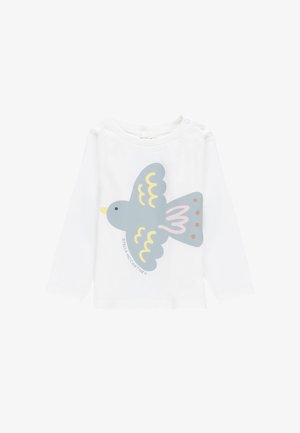 Camicia bianca a maniche lunghe con una grande grafica di un uccello grigio, arricchita da accenti rosa e gialli. Realizzata in tessuto morbido e liscio.