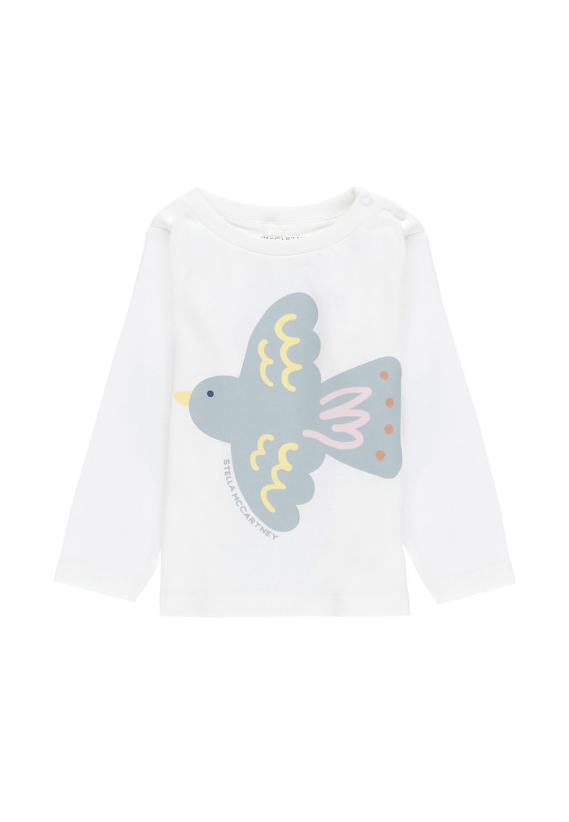 Camicia bianca a maniche lunghe con una grande grafica di un uccello grigio, arricchita da accenti rosa e gialli. Realizzata in tessuto morbido e liscio.