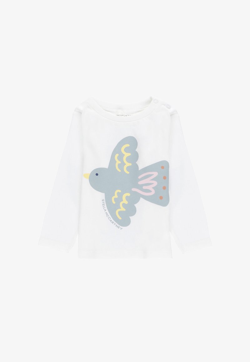 Camicia bianca a maniche lunghe con una grande grafica di un uccello grigio, arricchita da accenti rosa e gialli. Realizzata in tessuto morbido e liscio.