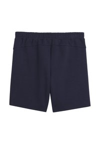 Pantaloni corti blu navy realizzati in tessuto morbido, dotati di una vita elastica e di un design semplice e dritto. Senza motivi o decorazioni.