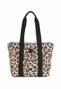 Taška s leopardím potiskem vyrobená z odolné látky, s černými popruhy a kulatým zapínáním na knoflík na přední straně.