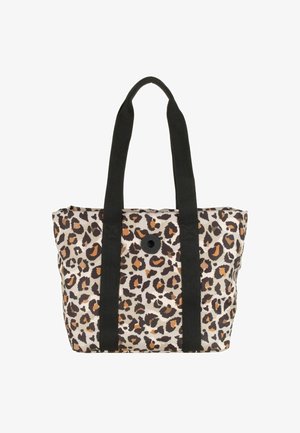 Borsa tote in tessuto resistente con stampa leopardata, dotata di manici neri intrecciati e chiusura frontale con bottone rotondo.