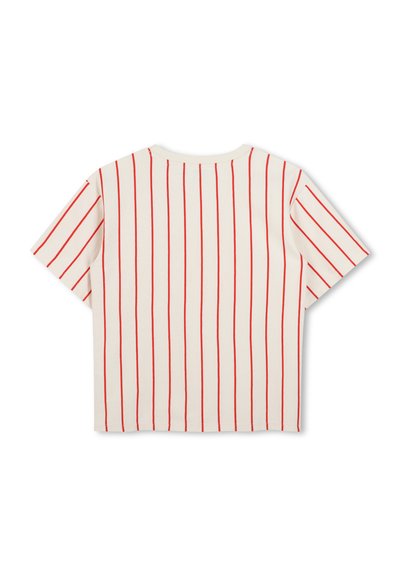 T-shirt a maniche corte a righe rosse e bianche, collo a girocollo, realizzato in morbido cotone, con righe verticali equidistanti.