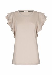 Blouse beige pour femme à manches courtes avec manches à volants et col rond, avec un petit logo "Liu Jo Milano" sur la poitrine.