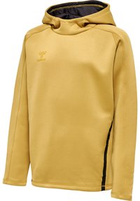 Felpa con cappuccio in tessuto giallo brillante e morbido al tatto. Presenta una tasca laterale con zip nera e un logo sul davanti.