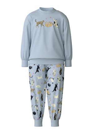 Hellblaues Sweatshirt mit Tiermotiven auf der Vorderseite; passende hellblaue Jogginghosen mit verschiedenen Katzenmotiven und Schmetterlingen.