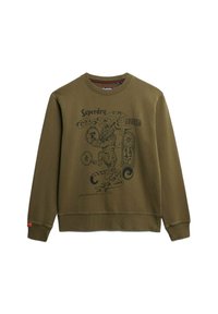 Felpa verde oliva in cotone con stampa grafica nera di una tigre e testo, con polsini e orlo a costine.