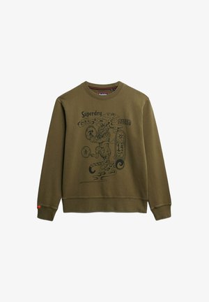 Olijfgroene sweatshirt van katoen met een zwarte grafische print van een tijger en tekst, voorzien van ribgebreide boorden en zoom.