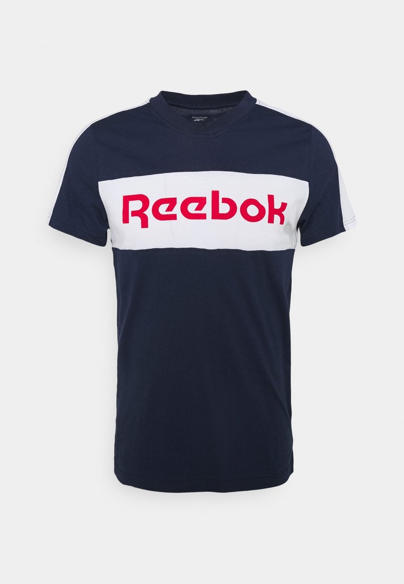 Navy blue short-sleeve t-shirt featuring a white horizontal band with a red "Reebok" logo across the chest, made of soft cotton material.