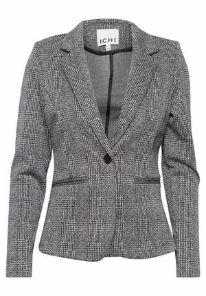 Veste femme à carreaux gris, à un seul bouton, avec revers crantés, manches longues et deux poches fendues à l'avant, étiquette de la marque ICHI à l'intérieur.