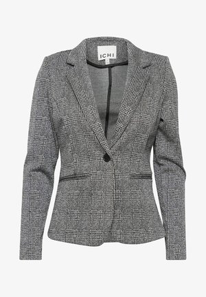 Gray plaid single-button women's blazer with notch lapels, long sleeves, and two front slit pockets, branded ICHI label inside.