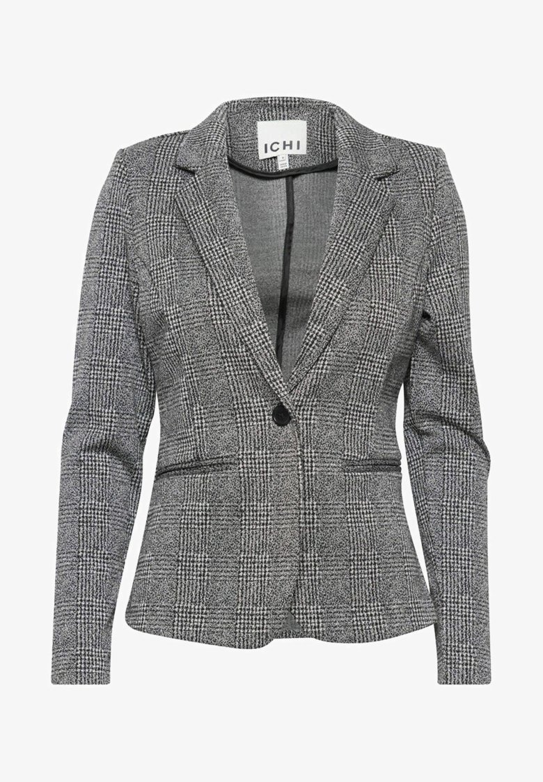 Veste femme à carreaux gris, à un seul bouton, avec revers crantés, manches longues et deux poches fendues à l'avant, étiquette de la marque ICHI à l'intérieur.
