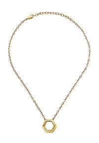 Collana d'oro con una catena sottile e un pendente esagonale caratterizzato da una superficie liscia e riflettente e da un design aperto.