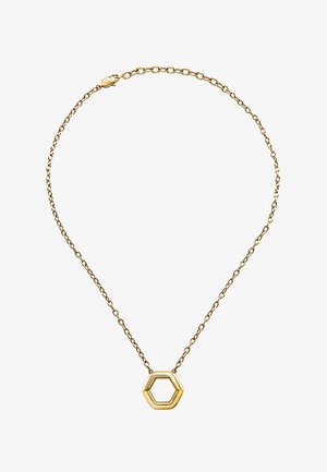 Zlatý náhrdelník s tenkým řetízkem a šestiúhelníkovým přívěskem s hladkým, odrazivým povrchem a otevřeným designem.