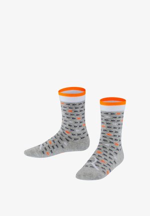 Szare skarpetki z wzorem czarnych krzyży i pomarańczowych kropek. Żebrowane pomarańczowe ściągacze, biała górna krawędź i gładka faktura.