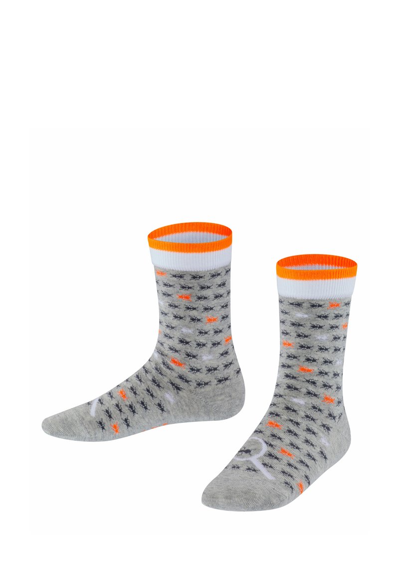 Szare skarpetki z wzorem czarnych krzyży i pomarańczowych kropek. Żebrowane pomarańczowe ściągacze, biała górna krawędź i gładka faktura.