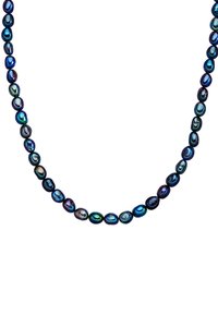 Navy and teal freshwater pearl necklace featuring irregular oval shapes and a smooth, lustrous surface, evenly spaced.