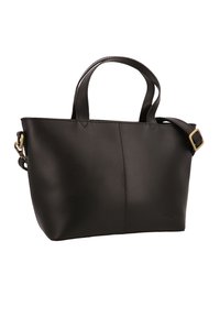 Borsa a mano in pelle nera con doppio manico corto e tracolla removibile. Presenta un design minimalista e dettagli di cucitura visibili.