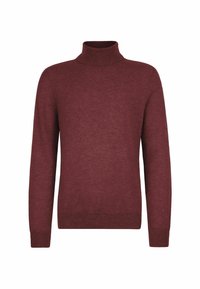Burgundowa sweter typu golf z miękkiej dzianiny. Posiada długie rękawy i dopasowany krój. Brak widocznych wzorów lub akcentów sprzętowych.
