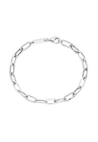 Silver chain bracelet features elongated links, a polished finish, and a secure lobster clasp. A small, flat tag is integrated into the design.