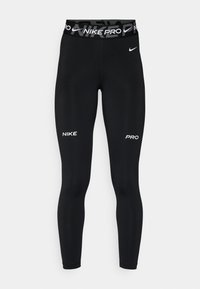 Leggings Nike Pro neri con design aderente. Presentano una fascia elastica con motivo e loghi Nike bianchi sulle gambe.