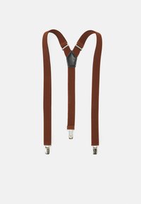 Brune stoffer suspendere med metalclips og en sort læderpatch i midten. Justerbare stropper i et lige Y-formet design.