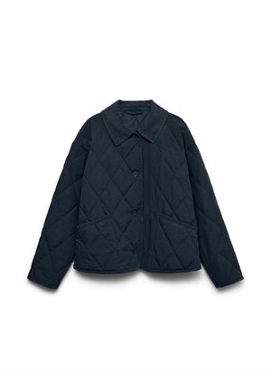Veste matelassée bleu marine avec un col, des boutons à l'avant et deux poches latérales. Présente un motif en losanges et un design légèrement court.