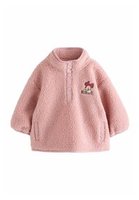 Rosa Fleece-Pullover mit hohem Kragen, drei Knopfverschlüssen, seitlichen Taschen und gesticktem Charakterdetail auf der Vorderseite.