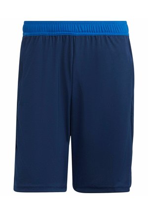 Marineblauwe sportshorts van lichtgewicht stof, met een elastische tailleband met een contrasterende blauwe rand en zijzakken.