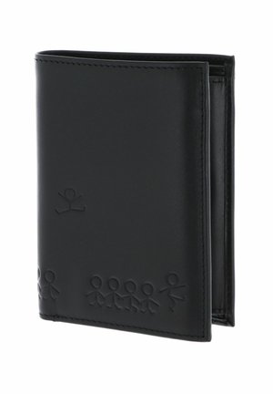 Portefeuille pliant en cuir noir avec des motifs en relief représentant des bonhommes en bâtons le long du bord inférieur et un près du centre supérieur.