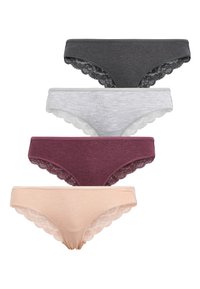 Vier paar kant-afgewerkte slipjes: donkergrijs, lichtgrijs, bordeauxrood en beige. Zacht materiaal met gegolfde randen, gladde textuur.