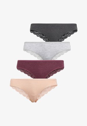 Neli paari pitsäärtega aluspesu: tumehall, helesinine, burgundi punane ja beež. Pehme kangas laineliste äärtega, sile tekstuur.