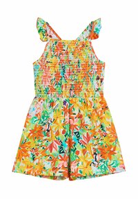Färgglad blommig rompers med livfulla mönster i orange, grönt och rosa. Smockad byst och volangärmar, tillverkad av lättviktsmaterial.