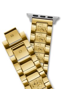 Złoty metalowy pasek do zegarka, składający się z błyszczących i teksturowanych ogniw, z błyszczącym srebrnym zapięciem. Projekt zawiera grawerowane wzory na niektórych ogniwach.