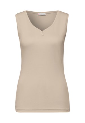 Top sans manches beige avec un col en V, détail de deux boutons à l'avant, fabriqué en tissu doux et extensible. Texture lisse et design ajusté.