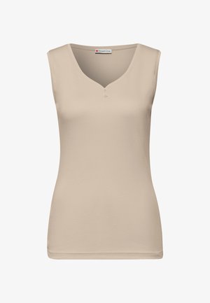 Beżowy bezrękawnik z dekoltem w kształcie litery V, z dwoma guzikami z przodu, wykonany z miękkiego, elastycznego materiału. Gładka tekstura i dopasowany krój.