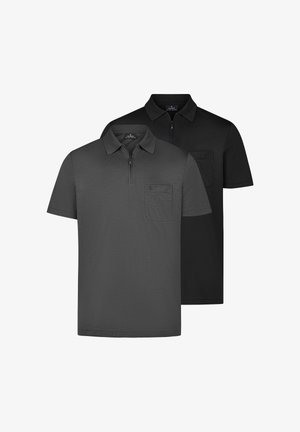Zwei kurzärmelige Poloshirts mit Kragen und Brusttaschen vorne; eines dunkelgrau vorne, eines schwarz hinten, beide mit Viertel-Reißverschluss.