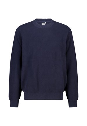 Pull en tricot bleu marine à col rond avec manches longues et poignets et ourlet côtelés, présenté sur un fond blanc.