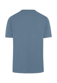 Blå kortermet t-skjorte med rund hals, laget av myk stoff. Glatt tekstur, ingen synlige mønstre, enkel design, og en avslappet passform.