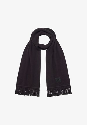 Dunkelbrauner, gerippter Strickschal mit fransigen Kanten. Besitzt ein kleines schwarzes Etikett mit weißem Text "FALKE" nahe einem Ende.