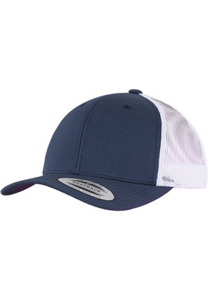 Cappellino blu navy con una parte anteriore in tessuto strutturato, retro in mesh e visiera curva. Presenta una chiusura snapback e un'etichetta argentata sulla parte anteriore.