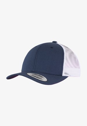 Navy blue cap with a structured fabric front, mesh back, and a curved brim. Features a snapback closure and a silver label on the front.