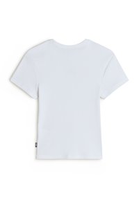Hvid kortærmet t-shirt i blødt ribbet stof med rund hals og et mærke på siden. Designet er enkelt og ligetil.