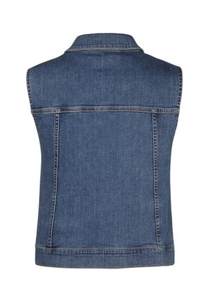 Denim vest, donkerblauw, mouwloos ontwerp, lichte stiksels, klassieke kraag, twee achternaden, rechte zoom, geen zichtbare hardware.