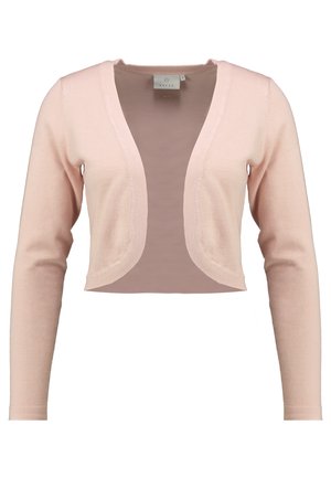 Cropped cardigan in soft pink knit, featuring a deep V-neck and long sleeves, with a smooth texture and lightweight design.