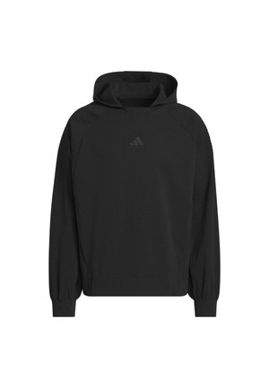 Czarna bluza z kapturem o zaokrąglonym kształcie, długimi rękawami i ściągaczami na mankietach. Posiada subtelne logo na piersi oraz teksturowane akcenty na ramionach.