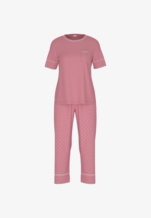 Różowy bawełniany zestaw piżamowy składający się z krótkiego rękawa z kieszonką i kontrastową lamówką, w komplecie spodnie w grochy. Miękka tekstura i luźne dopasowanie.