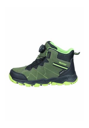 Green and black hiking boot with bright sole, lace-up dial closure, pull tab, and branded side details.