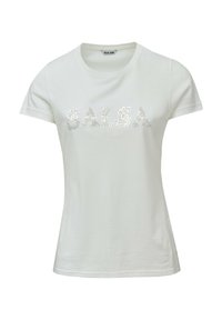 Camiseta de algodón blanca con mangas cortas, que presenta un logo en lentejuelas "SALSA JEANS" en plata en el pecho. Diseño clásico de cuello redondo.