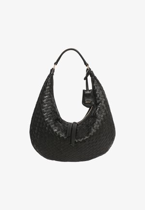 Black woven leather hobo bag with a rounded shape, featuring a zip closure and a short handle. Includes a small detachable tag.